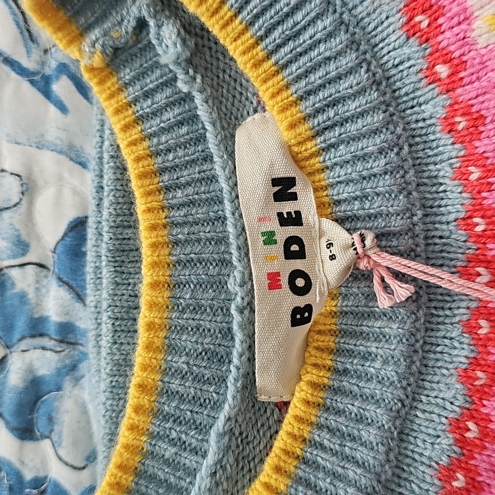 Mini Boden Light Blue Fair Isle Horse Yoke Dress with Pink and Cream Accents - Picture 3 of 3